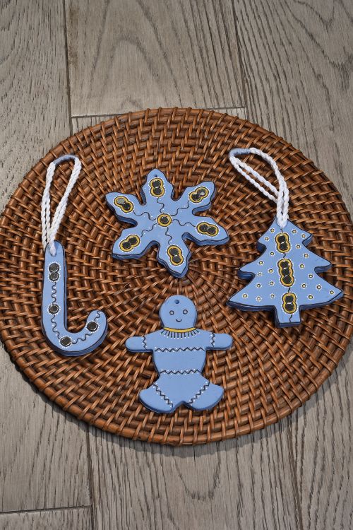 Antarang- Christmas Joy, Handcrafted: Terracotta Ornaments -  blue (Set of 4)