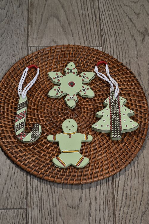 Antarang- Christmas Joy, Handcrafted: Terracotta Ornaments -  Light green (Set of 4)
