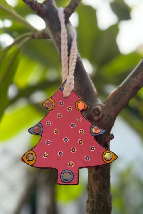 Antarang- Christmas Joy, Handcrafted: Terracotta Ornaments -  pink (Set of 4)