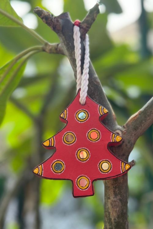 Antarang- Christmas Joy, Handcrafted: Terracotta Ornaments - red(Set of 4)