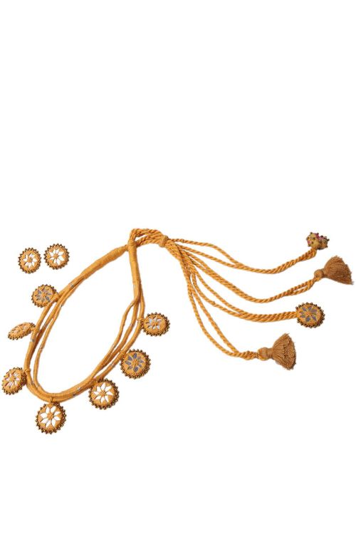 Antarang, yellow ocher kajal cord neckpiece, 100% cotton. Hand made by divyang rural women